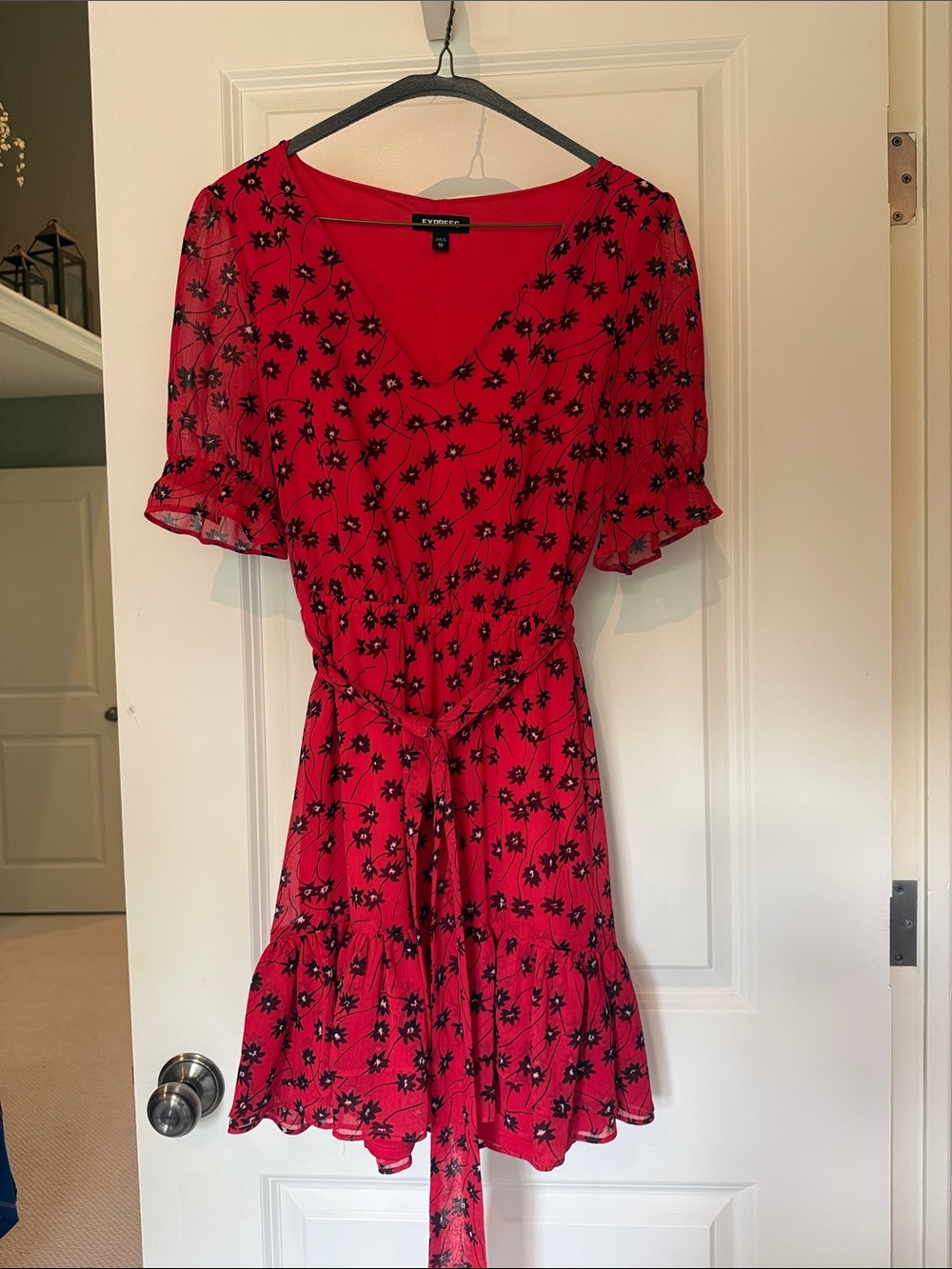 Express Red Floral Wrap Dress with Tie Waist